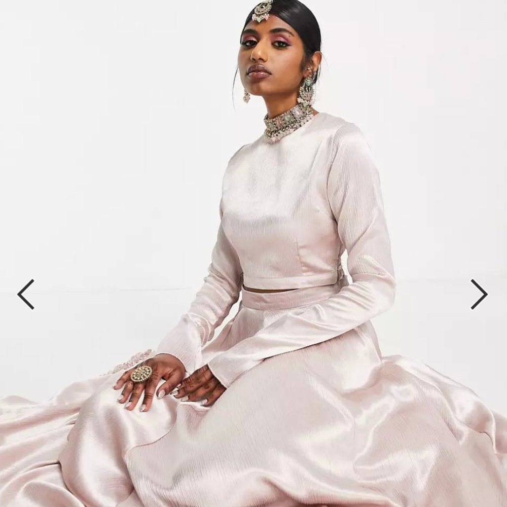 Kanya London Lehenga with Long Sleeved Crop Top and Full Flare Skirt in Pink